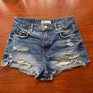 Zara High Waist Denim Destroyed Short